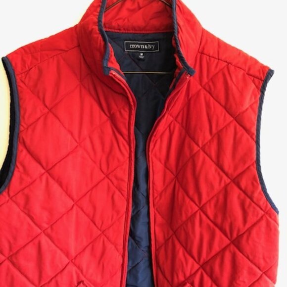 CROWN & IVY Red Puffer Quilted Vest Navy Trim Medium - Picture 7 of 14